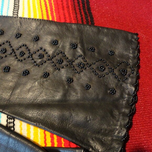 Leather Beaded 14" Evening Dress Gloves Vintage Diamond Pattern Elegant Demure ! - Picture 3 of 14
